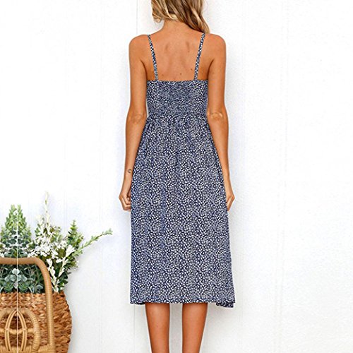Summer Dresses, Womens Sleeveless Boho Floral Buttons Swing Sundress Spaghetti Strap Beach Dresses (L, Navy one)