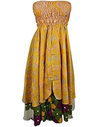 Womens 2 in 1 Sundress Recycled Silk Two Layer Printed Strapless Beach Dress Maxi Skirts