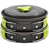 Teaker Camping Cookware Outdoor Cooking Equipment with Pot Frying pan Pan cover Soup spoon Rice ladle Bowls Cleaning sponge Nylon pouch Lightweight, Compact, & Durable