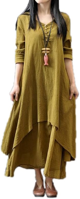 Amazon Smile Lala カーキ 黄色 2xl Xxl レディース ワンピース ワンピ 秋冬 大きいサイズ 丸首 マキシ 丈 清楚 きれいめ 長袖 ロング フォーマル 可愛い 体型カバー 冬服 大人 デート オシャレ カジュアル ドレス 綺麗 エレガンス パーティ