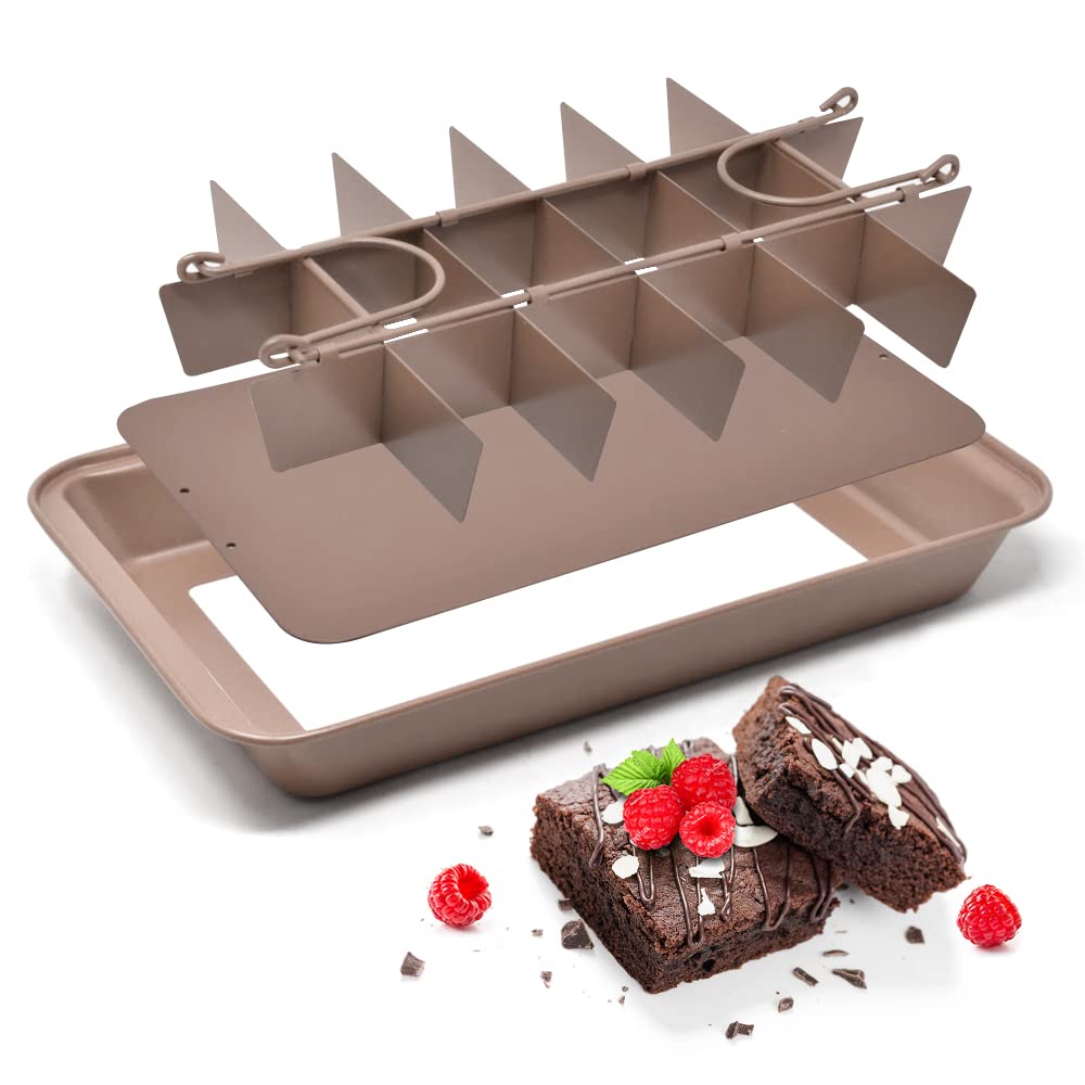 joeji's Kitchen Brownie Tin Tray with Dividers - Quick Heating Traybake Tin Carbon Steel Non Stick - 3 Piece Pan Set with Removable Base - 18 Slot Brownies Cutter - 31 x 20cm