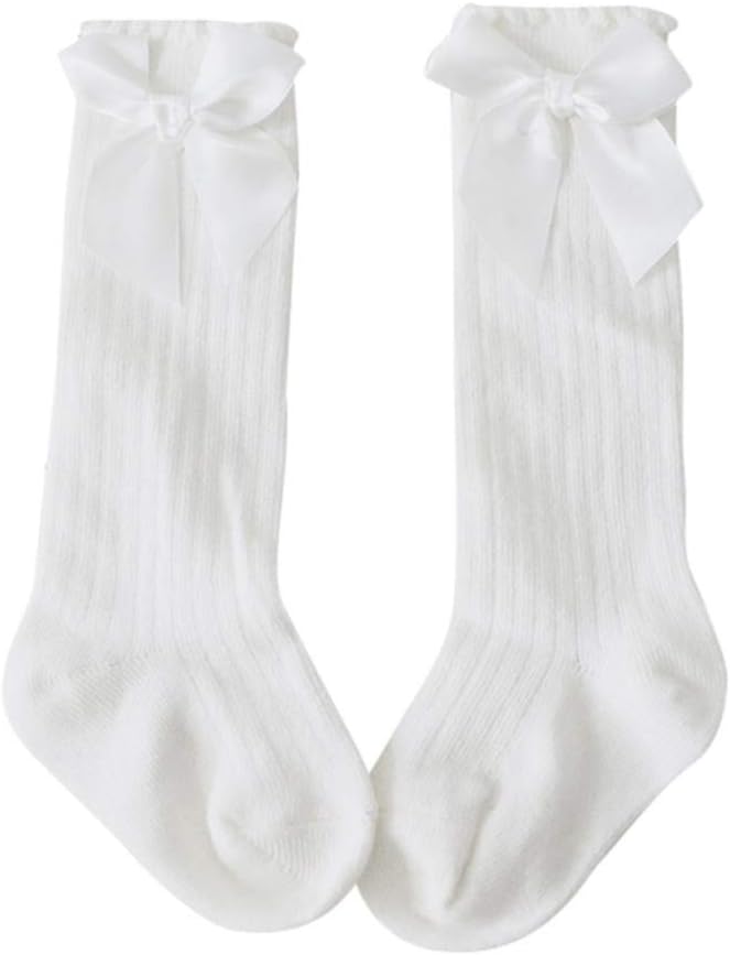 Londony Fashion Baby in Baby Girls Uniform Bow Knee High Knit Socks Tube Ruffled Stockings Infants and Toddlers White