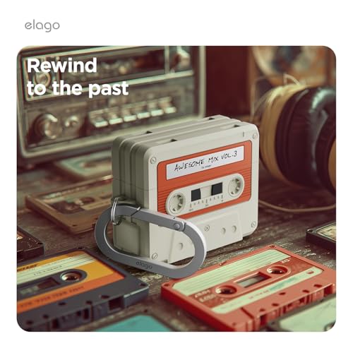 elago Retro Cassette Case Compatible with AirPods Pro 3, with Carabiner, Wireless Charging, Shockproof, Soft Silicone, Visible Front LED (Classic White)