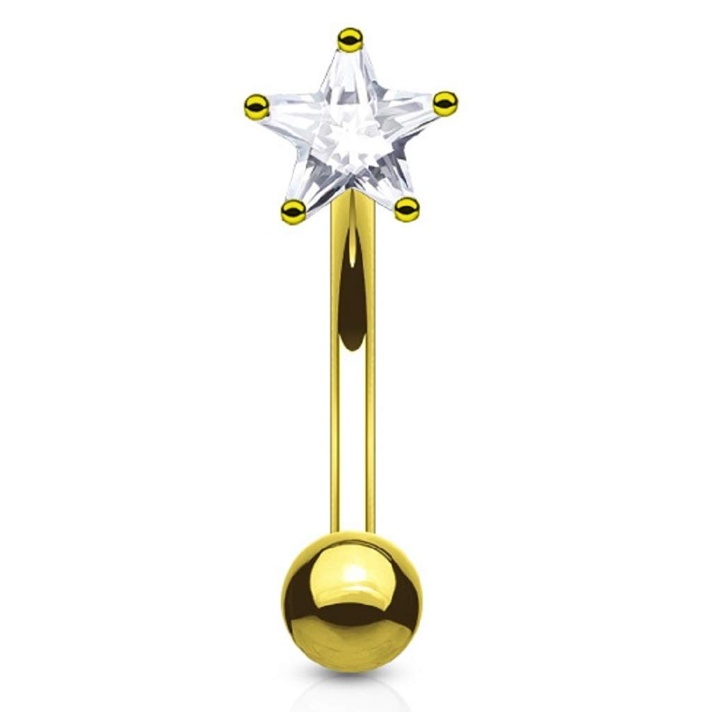 PiercedOff Gold Tone PVD over 316L Surgical Steel 1.2mm Curved Barbell with 3mm Clear CZ Star - Bar Length 8mm