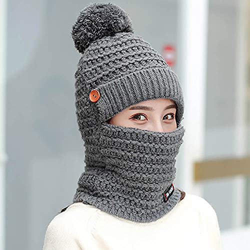 Unisex Knit Hat Winter Earmuffs Mask Neck Warmer Scarf 3 in 1 Hairball Warm Cap (Gray)