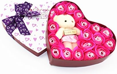 18Pcs Scented Bath Soap Rose Flower Petal in Heart Shape Box With Little Bear and I Love You for Wedding Party Gift (Pink)