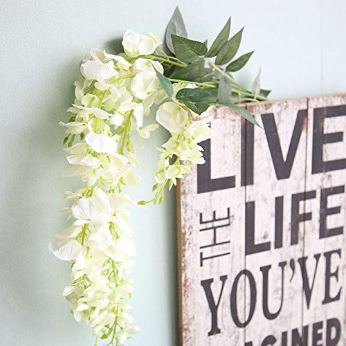 Gotian 39Inch Artificial Silk Wisteria Fake Garden Hanging Flower Plant Vine Wedding Decor Ideal for Festivals Parties Home Gardens Fencing Floral Tributes Sheds Decorations (White)