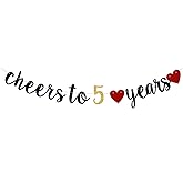 Cheer to 5 Years Banner, Black Gliter Little Girls/Boys Kids' 5th Birthday Party/The 5th Wedding Anniversary/Party Paper Sign Decorations (Pre-Strung)