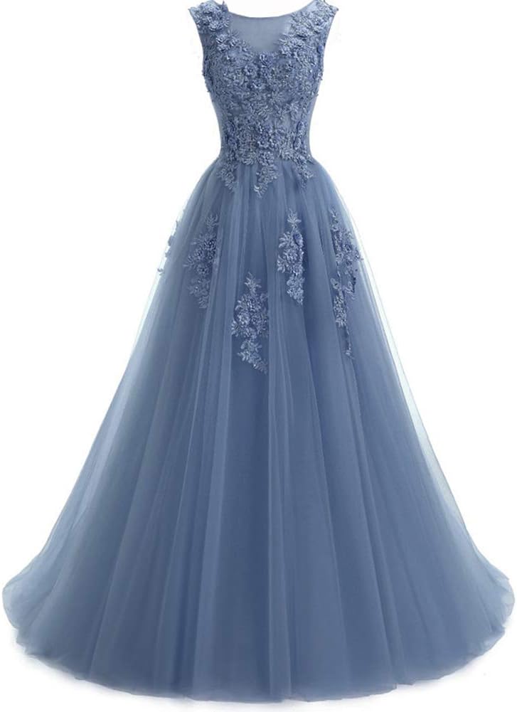 Women's Sweep Lace Appliques Scoop Collar Tulle A-Line Prom Dresses
