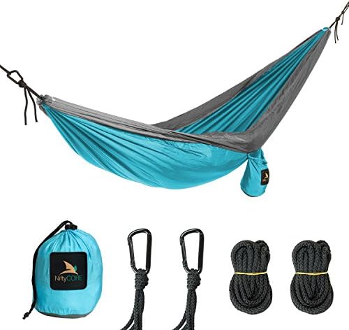 Nifty Single Hammock - Sky Blue &amp; Light Gray - Lightweight Parachute Nylon Hammock - Multifunctional, Ultra Portable For Camping, Backpacking, Hiking, Travel, Beach, Yard. Includes Carabiners &amp; Ropes