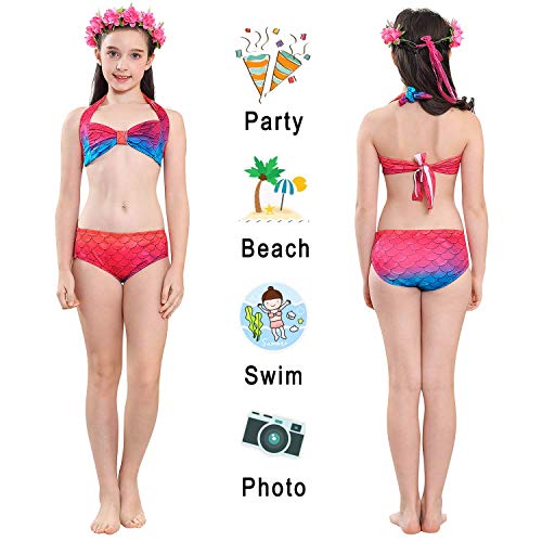 3 PCS Girls Mermaid Tail Swimsuit for Swimming Bikini Princess Can Add Monofin (C-Temperament Red, 9-10T / (Tag 140) / Ht51-54in)
