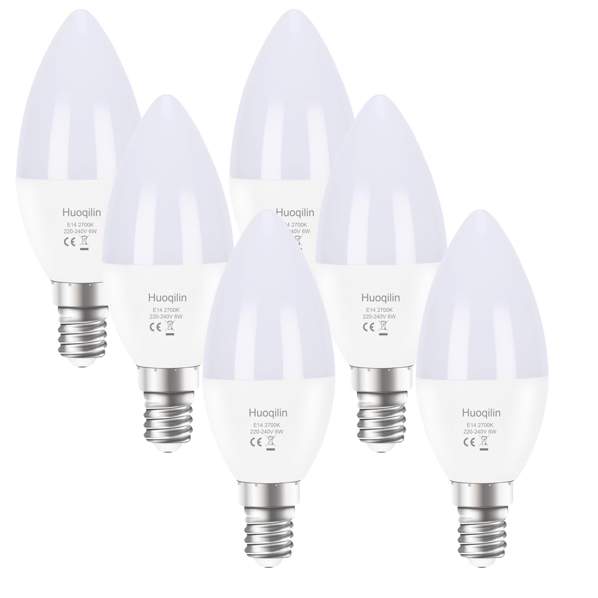 Huoqilin E14 Led Candle Light Bulbs,SES Small Edison Screw,6W Equivalent to 40Watts,60 Watts,6 Pack (Warm White)