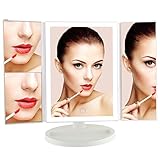 Lighted Makeup Vanity Mirror with 38 LED, LIVSTON Trifold Travel Cosmetic Mirror with Touch Dimmer, 1X/2X/3X Magnification Sections, USB Cable or Battery Operated