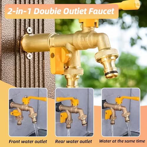 Double Garden Tap, 1/2-inch Garden Tap with Two 3/4-inch Brass Outdoor tap, Dual Ball Valve outlets with Dual Hose connectors, Rust-Proof and Freeze-Proof，Suitable for Gardens and Home Industries
