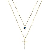 Golston Dainty 18K Gold Plated Stack Chain Double Pendant Opal Necklace Layered Trendy Simple CZ Cross Jewelry Gifts for Women