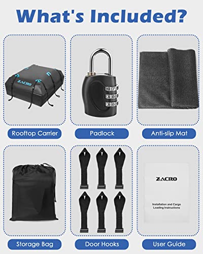 Zacro Car Roof Bag Waterproof - 20 Cubic Feet Roof Box with Anti-Slip Mat & Luggage Lock for Vehicle with/without Rack - Rooftop Cargo Carrier Bags with 10 Reinforced Straps, 6 Door Hooks, Storage Bag