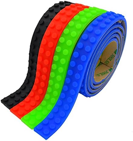 Toy Block Tape For Building Blocks, Lego And Nimuno Compatible Loops Tape, With 3M Self Adhesive Strips, 13 Feet (4 Rolls, Black,Blue,Green,Red)