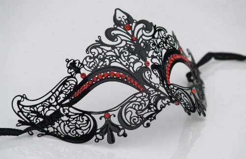 Mysterious Black Laser Cut Mardi Gras Masquerade Metal Mask w/ Pink Diamonds