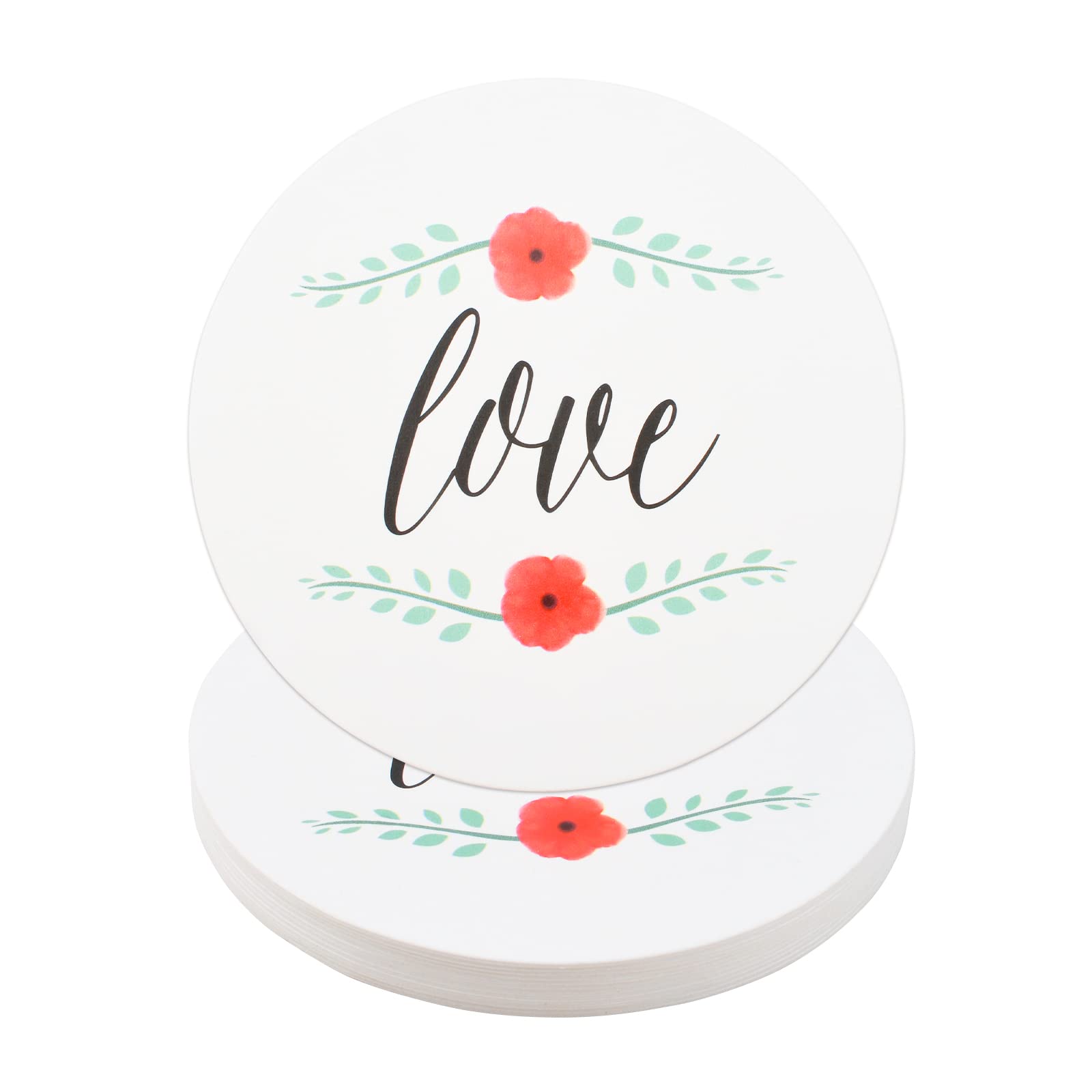 URROMA Floral Wedding Paper Coasters, 24pcs Love Paper Coasters for Drinks Coasters for Wedding Favors in Bulk Wedding Reception Coasters for Bars Party Coasters