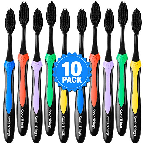 10 Pack- Charcoal Toothbrushes Extra Soft, Slim Brush Head, Cleans Plaque, Bacteria & Teeth Whitener,