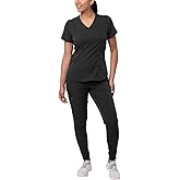 Adar Pro Athletic Scrubs Set For Women - Stretch V-Neck Scrub Top & Yoga Jogger Cargo Scrub Pants, 10 Pockets