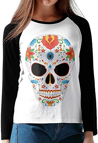 Ed Effie Sugar Skull Womens Cotton Long Sleeve Raglan T-Shirts Black XXL