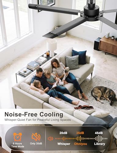 Ohniyou 60 Inch Ceiling Fan with Light, Industrial Ceiling Fans with Remote Control/App, 5 Blades Aluminium, Silent DC Motor, Outdoor Terrace Fan Garage, Black