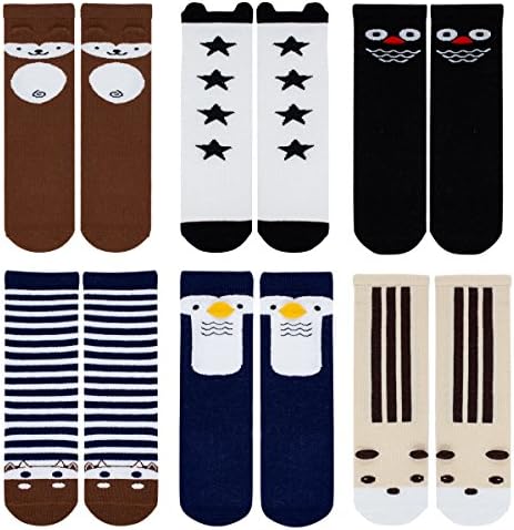 Baby Girls Boys Socks Cartoon Animal Knee High Cotton Socks with Non Skid Rubbers 6 Pairs (S, D dog cow)