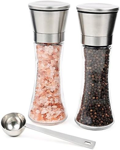 Salt and Pepper Grinder Set - Stainless Steel Shakers with Adjustable Ceramic Rotor - Salt Mill and Spices Mill - Tall Body Grinders - BONUS Measuring Spoon