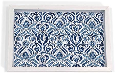 BRAHMA DESIGN Liena Blue Design White Border 8x12 Tray - Kitchen, Dining, Serving & Desk Tray is Made of Fibre Frame with Acrylic Insert in Rectangle Shape Size 8" x 12"