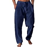 Runcati Mens Casual Pants Elastic Waist Drawstring Lightweight Pants Cotton Linen Summer Beach Yoga Trousers