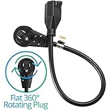 Maximm Cable 1 Foot 360° Rotating Flat Plug Extension Cord/Wire, 3 Prong Grounded Wire 16 Awg Power Cord - Black - UL Listed