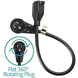 Maximm Cable 1 Foot 360&deg; Rotating Flat Plug Extension Cord/Wire, 3 Prong Grounded Wire 16 Awg Power Cord - Black - UL Listed