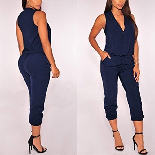 Click Here to See More Images Dreaman Women's Summer Casual Solid Color Sleeveless Shirt V-Neckline Siamese Pants Zipper Jumpsuits Romper (Blue, M)