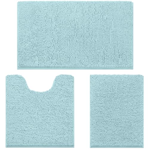 HOMEIDEAS 3 Pieces Bath Mat Set, Soft Chenille Bathroom Rugs Mat, 3X Absorbent Spa Shaggy Bath Rugs Set, Machine Washable & Non Slip Bath Mats for Bathroom, Tub, Shower（Light Blue） — image 1