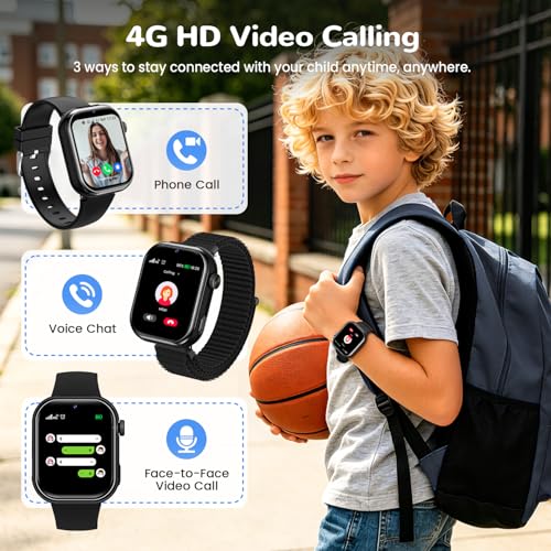 4G Children's Smartwatch GPS Watch with Video Calls, Voice Chat, School Mode, Dual Camera, Alarm, Pedometer, IP68 Calculator Smart Watch for Boys and Girls, Black