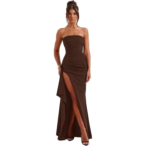 open lace back dress Elegant Brown Strapless Sleeveless A-Line Prom Dresses Gem Long with Pleats main image 0