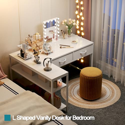 CAIYUN L Shaped Computer Desk with 2 Drawers, 39 Inch Office Corner Desk with 2 Storage Shelves, Working Table Study Table for Home Office Desk, White