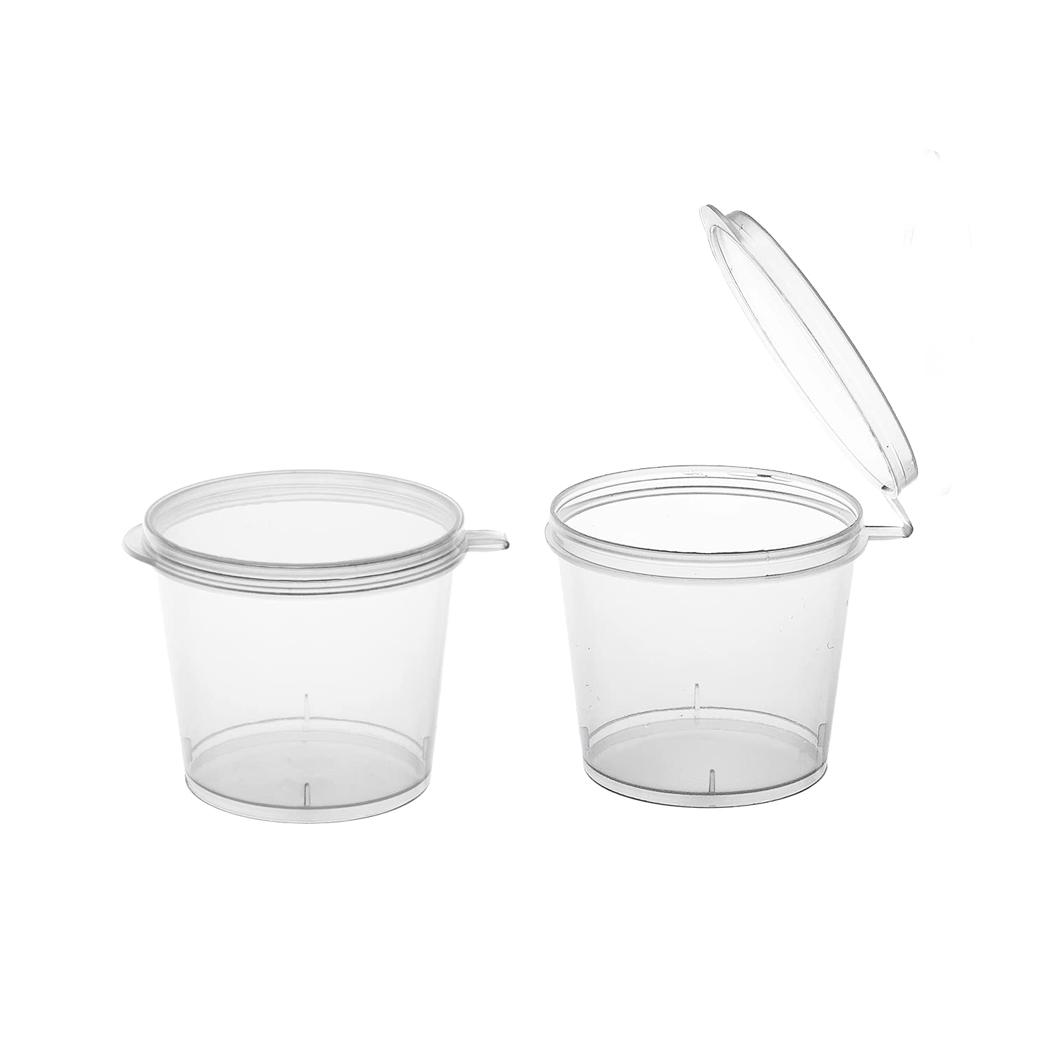 Photo 1 of Party Essentials Leak Proof Plastic Condiment Souffle Containers with Attached Airtight Portion Cup with Hinged Lid for Sauces, Samples, Slime, Jello Shot, Storage, Craft, 100 Sets, 1 oz, Clear