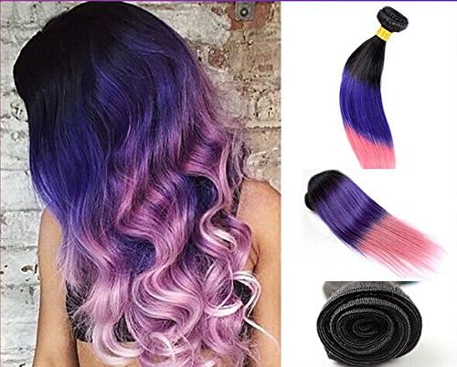 Uniwigs 100% Brazilian Remy Human Hair Weft Ombre Color Black to Blue to Pink Silky Straight Hair Extensions One Bundle (22inch)
