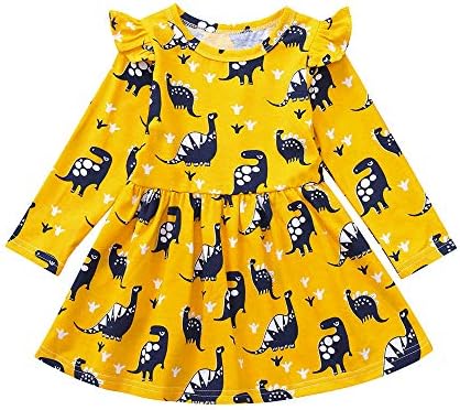 ALIKEEY Toddler Kid Baby Girl Long Sleeve Dinosaur Printing Party Dress Outfits Clothes