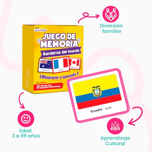 Menique. Juego de Memoria de Banderas del Mundo. 50 Pares de países. Bandera, país y Capital