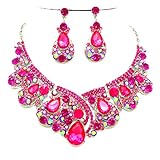Pink Ab Rhinestone Crystal Statement Necklace Chandelier Earrings Set Affordable Wedding Jewelry