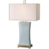 BOWERY HILL Contemporary Ceramic Table Lamp, 29 in Height, Blue Gray Glaze, Coffee Bronze Accents, Rectangle Rust Beige Shade