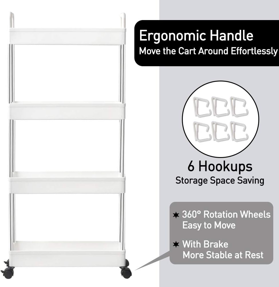 SOLEJAZZ 4-Tier Storage Trolley Cart Slide-out Slim Rolling Utility Cart Mobile Storage Shelving Organizer for Kitchen Bathroom - Image 3