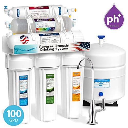 Express Water 10 Stage Home Drinking Water Filtration System Alkaline Mineral Antioxidant + Reverse Osmosis 100 GPD RO Membrane Deluxe Chrome Faucet Residential Under Sink Water Purification ROALK10D