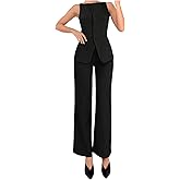 SOLY HUX Women's 2 Piece Business Casual Outfit Button Down Boat Neck Sleeveless Vest and Pants Set