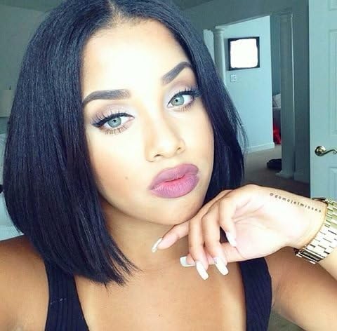 NiceToBuy Light Yaki Glueless Short Bob Haircut Front Lace Wig Brazilian Virgin Human Hair Wigs for Women #1 Jet Black 12inch