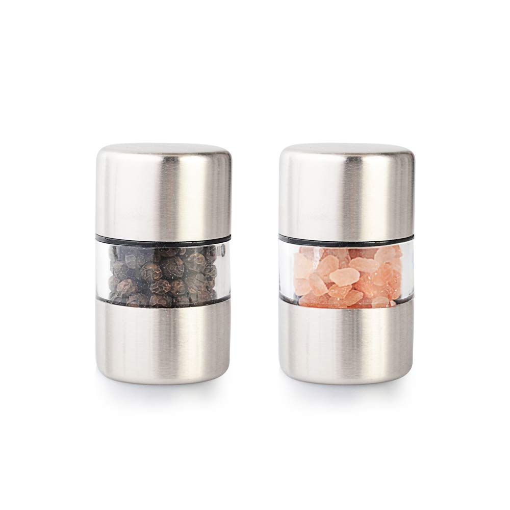 T-mark Premium Sea Salt and Pepper Grinder Set - Spice Mill with Brushed Stainless Steel, Small Portable Ceramic Salt &amp; Pepper Shakers (2-Pack)