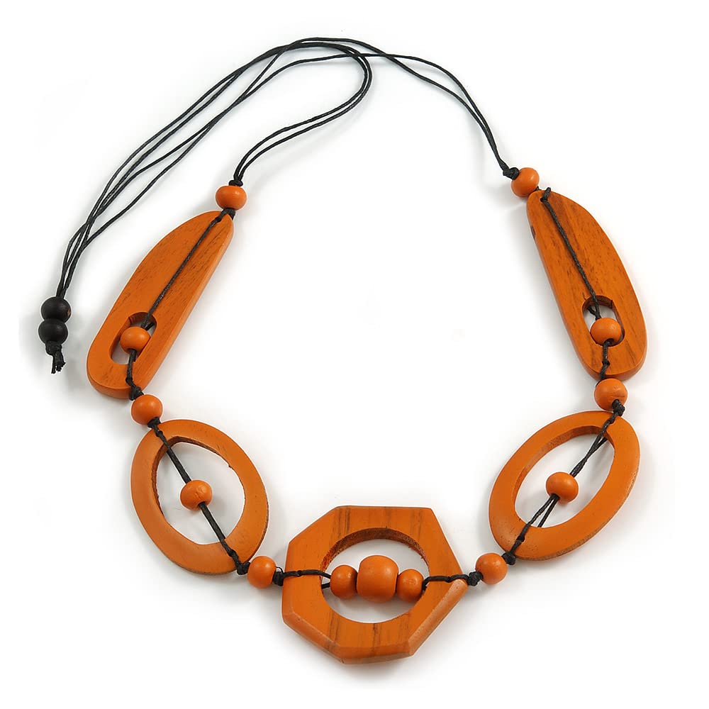 Avalaya Long Geometric Orange Wood Bead Black Cord Necklace - 90cm Max/Adjustable